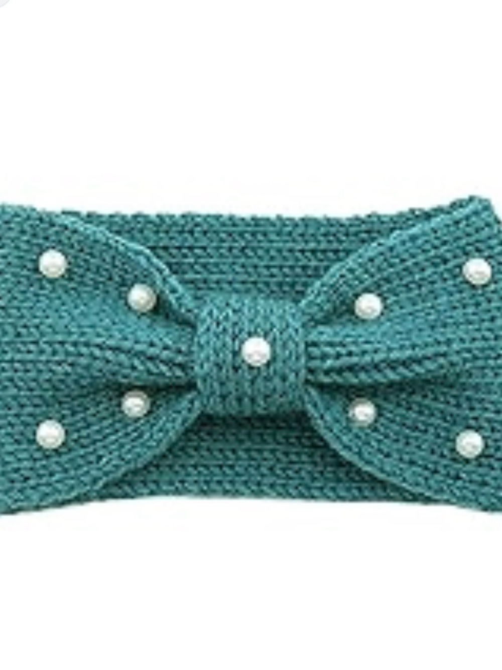Pearl-Embellished Teal Knitted Bow Headband